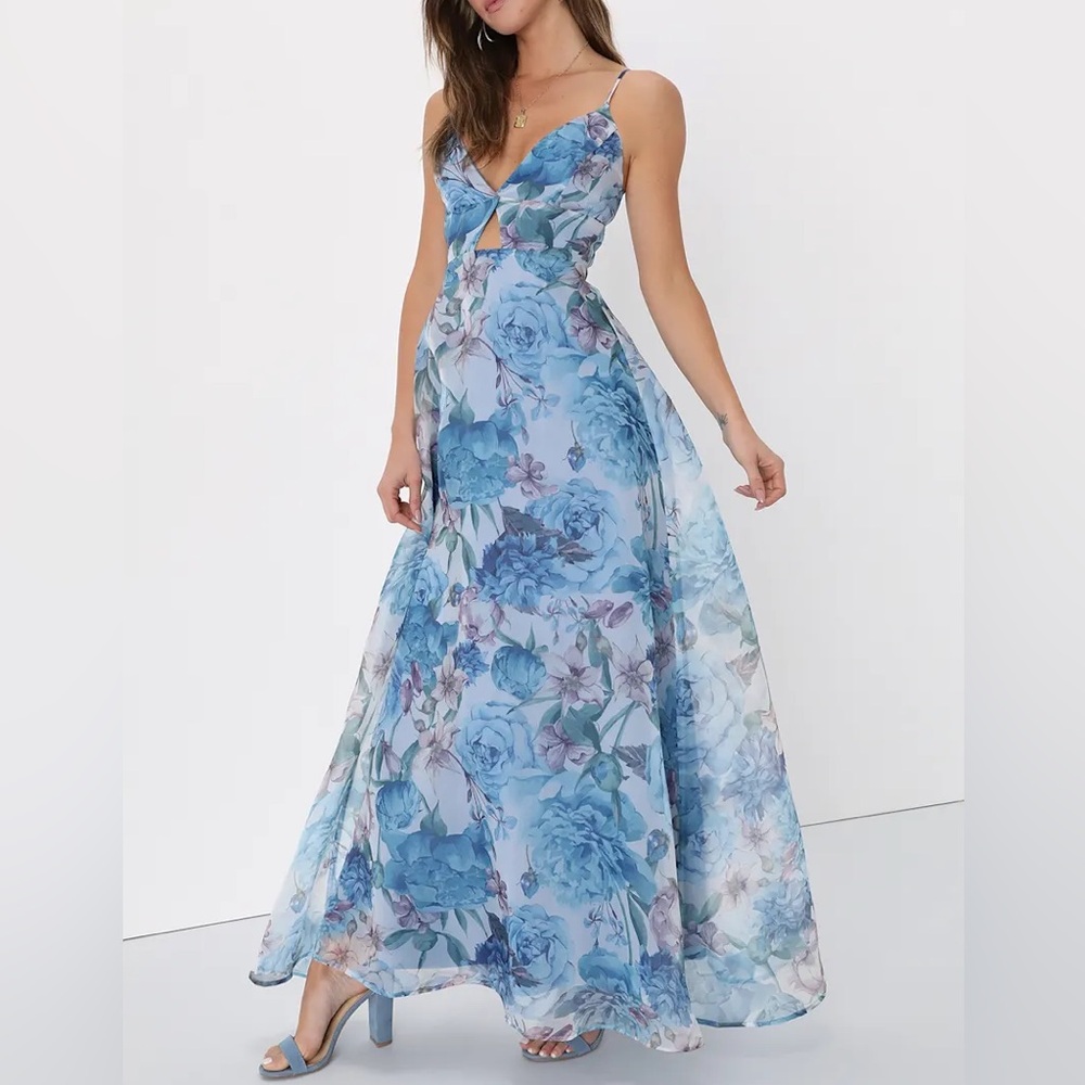 Lulus Enchanting Entrance Blue Floral Organza Keyhole Maxi Dress - Size M